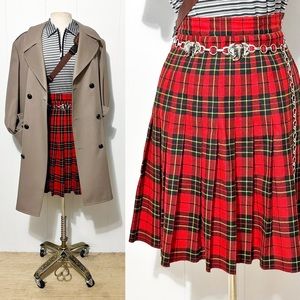 90s Red & Black Pleated Aline Midi Skirt | Vintage